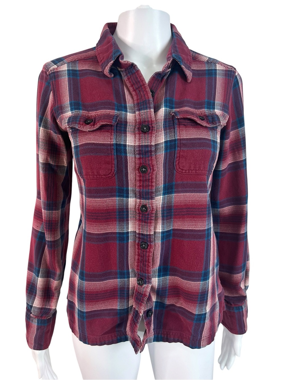 Patagonia Button Front Flannel Shirt Burgundy Teal Plaid Outdoor Size 2